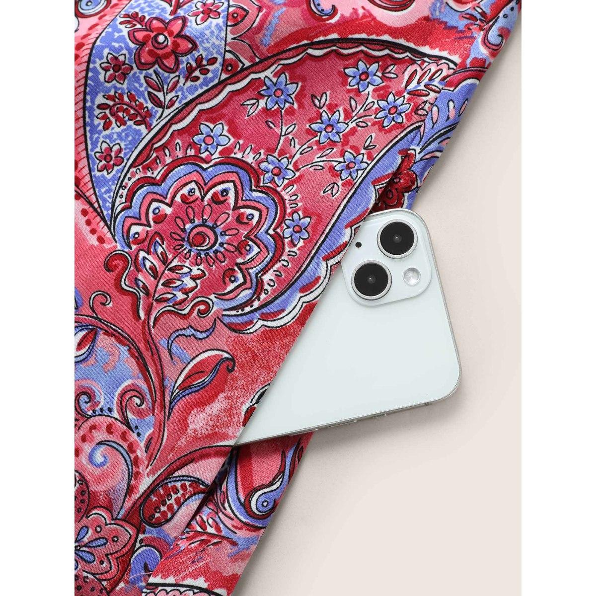 Plus Size Paisley Print Belted Ruffle Trim Dress Russet Women Resort Non V-neck Half Sleeve Curvy Midi Dress BloomChic 18-20/2X Product Image