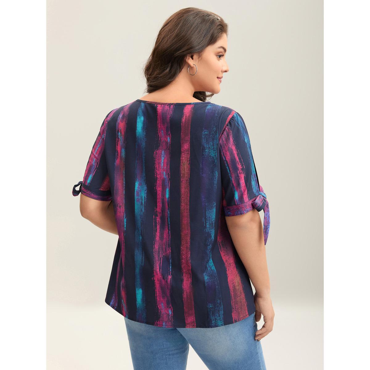 Plus Size Multicolor Irregular Stripes Sleeve Tie Blouse Women Leisure Short sleeve Round Neck Casual Blouses BloomChic 12/L Product Image