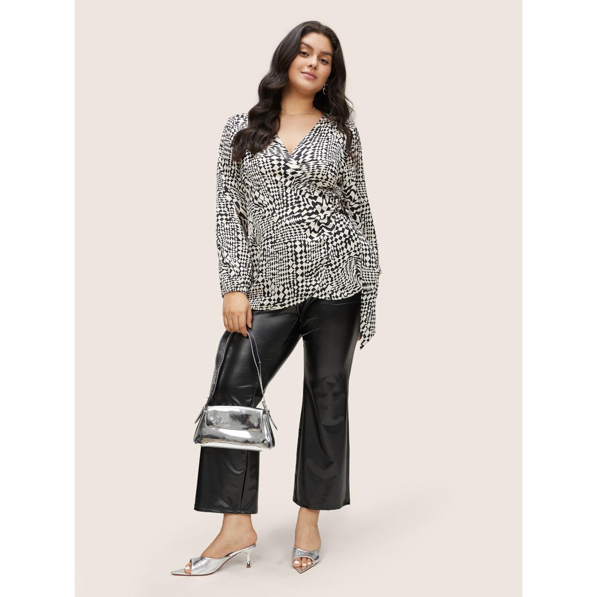 Plus Size Black Asymmetrical Geometric Wrap Button Detail Blouse Women At the Office Long Sleeve Overlap Collar Work Blouses BloomChic 22-24/3X Product Image