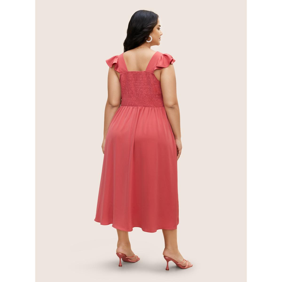 Plus Size Solid Ruffle Cap Sleeve Button Detail Midi Dress Russet Women Elegant Button Heart neckline Cap Sleeve Curvy BloomChic 10/M Product Image