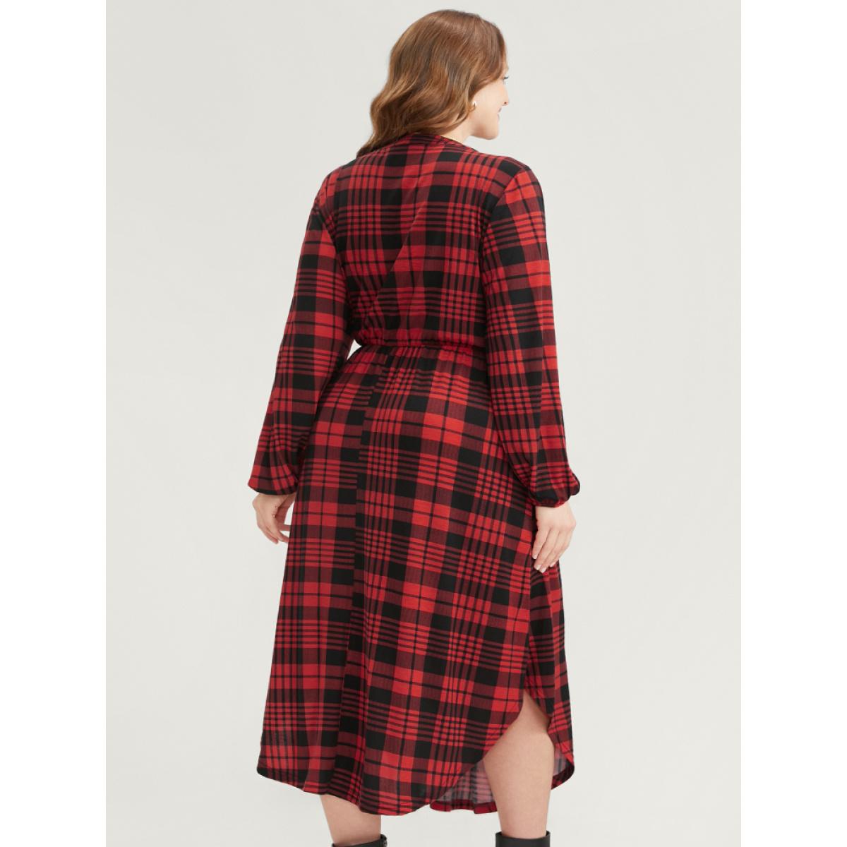 Plus Size Plaid Zip Up Lantern Sleeve Ties Arc Hem Dress Scarlet Women Casual Elastic Waist V-neck Long Sleeve Curvy Midi Dress BloomChic 10/M Product Image