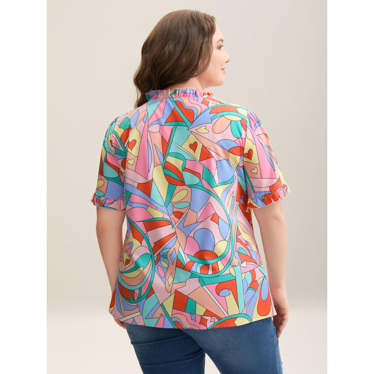 Plus Size Multicolor Abstract Pattern Petal Trim V-Neck Blouse Women Casual Short sleeve V-neck Everyday Blouses BloomChic 14-16/1X Product Image