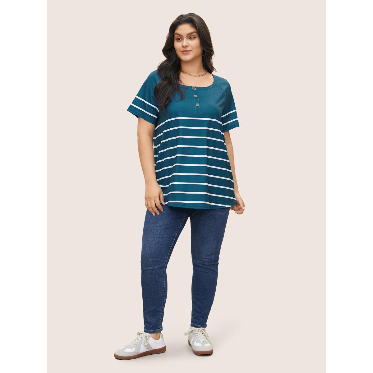 Plus Size Striped Print Raglan Sleeve Button Up T-shirt Aegean Women Casual Contrast Striped Round Neck Everyday T-shirts BloomChic 28/5X Product Image