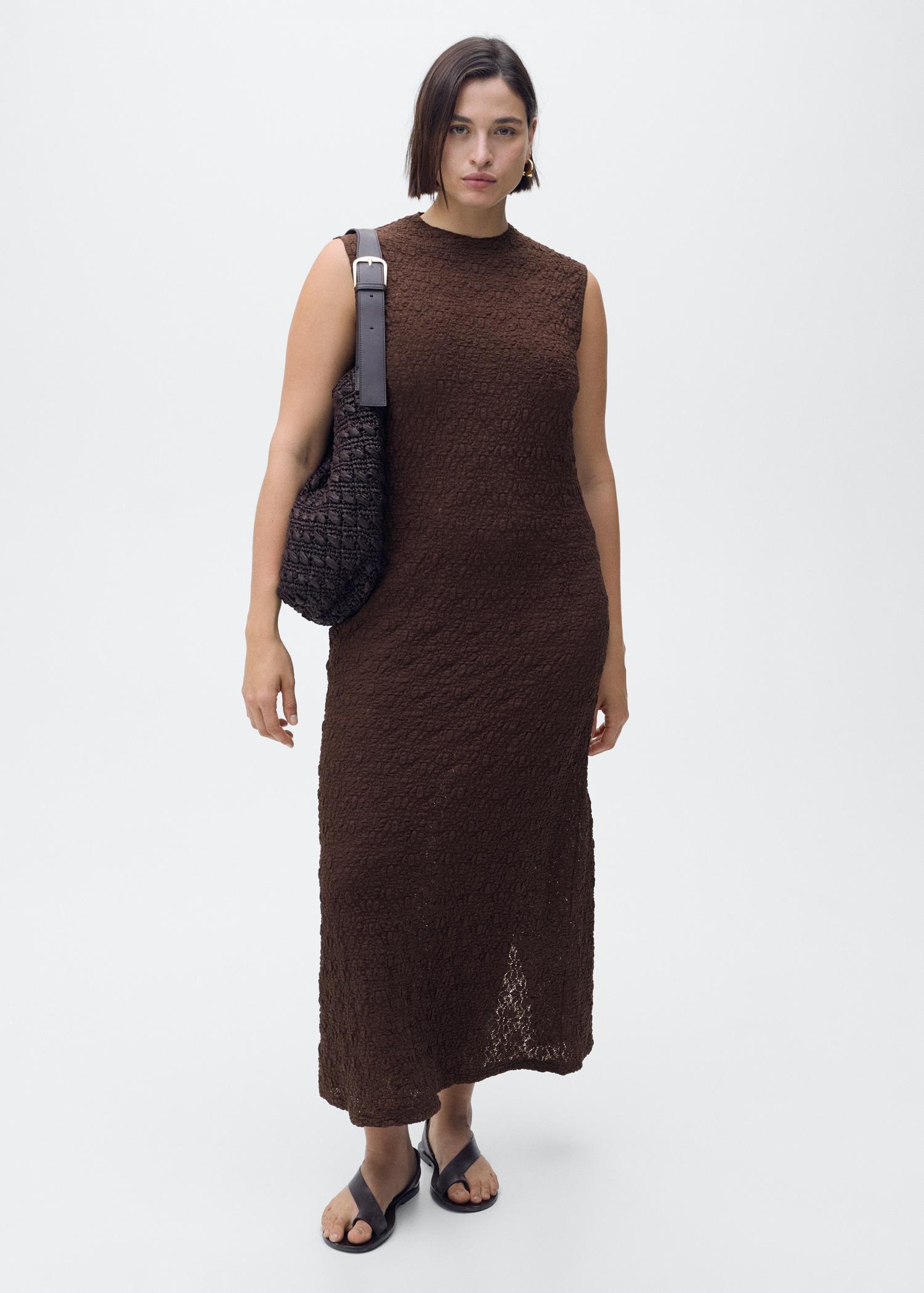 Perkins-neck textured dress - Women | MANGO USA Product Image
