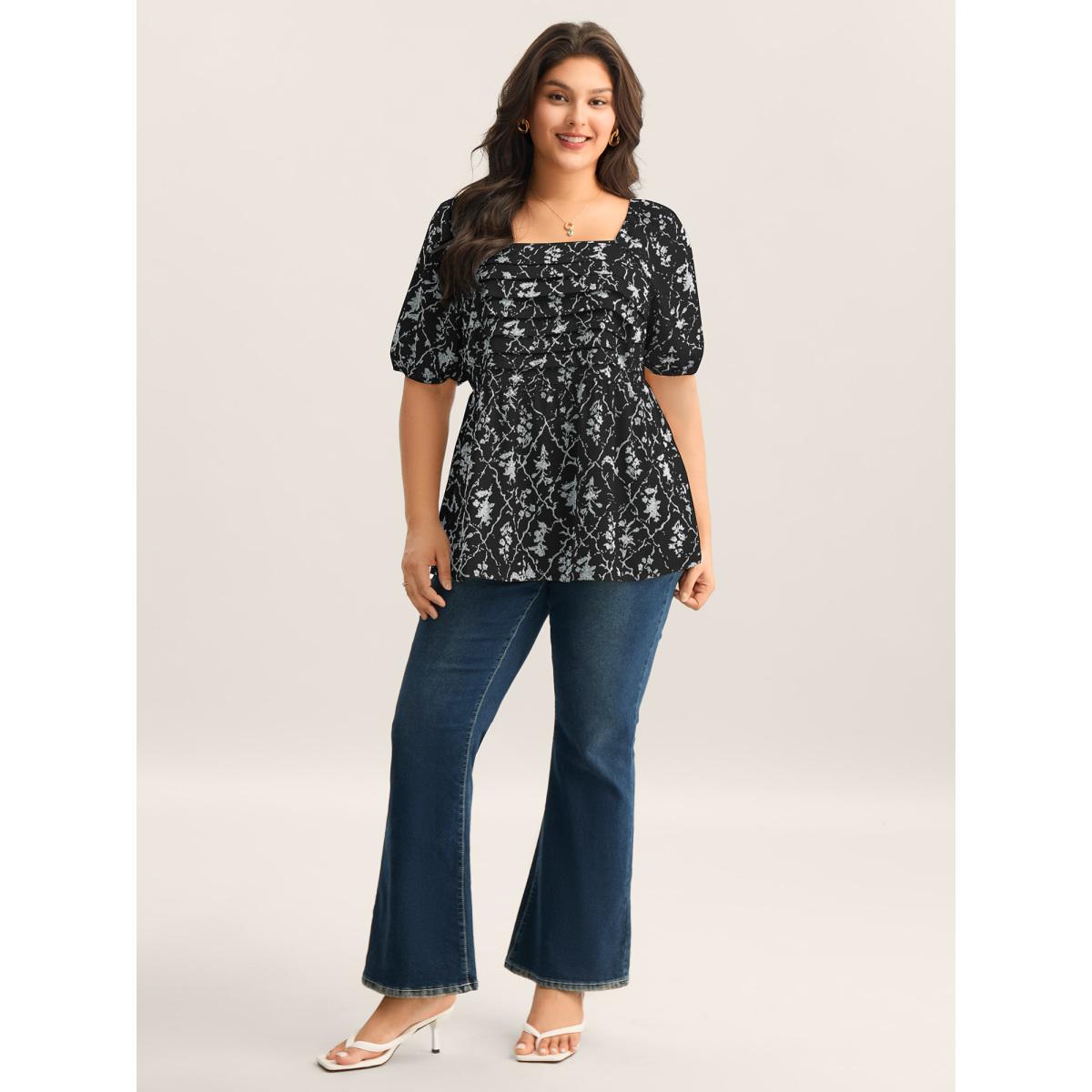 Plus Size Black Floral Pleated Bodice Puffy Sleeve Blouse Women Half Sleeve Square Neck Everyday-Elegant Blouses BloomChic 18-20/2X Product Image