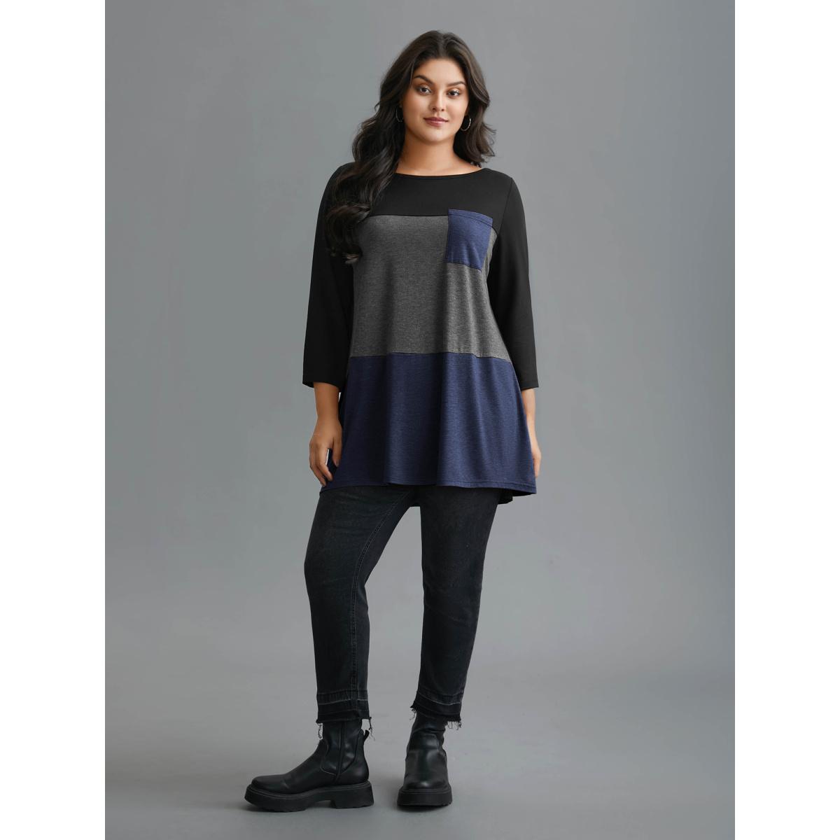 Plus Size Color Block Chest Pocket Round Neck T-Shirt Black Women Casual Contrast Boat Neck Loose Everyday T-shirts BloomChic 14-16/1X Product Image