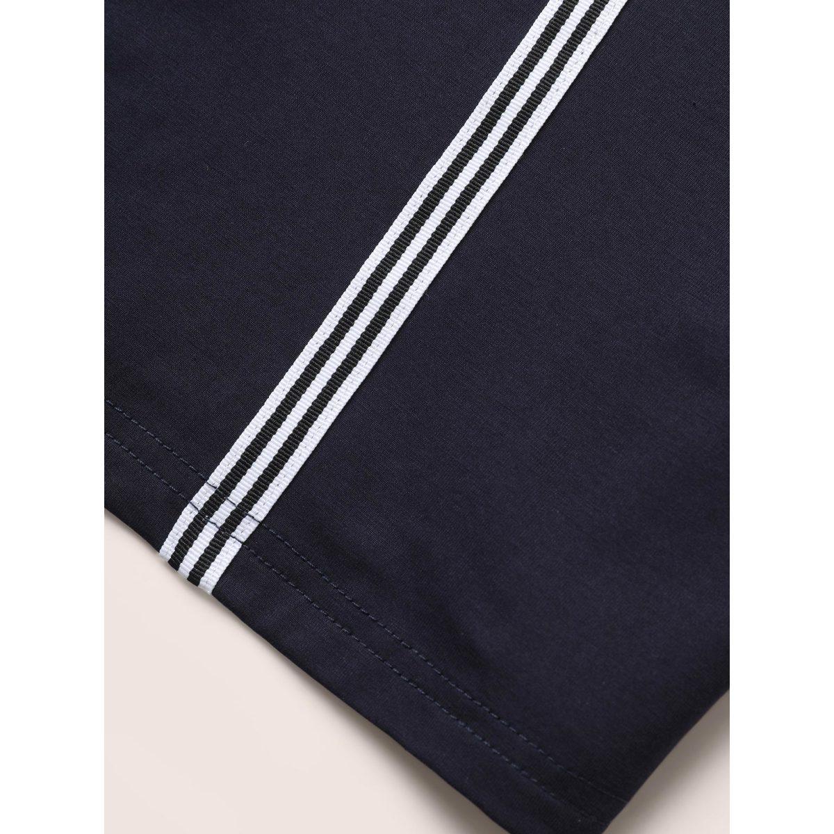 Plus Size Round Neck Contrast Webbing Cuffed Sleeve T-shirt Midnight Women Casual Contrast Round Neck Everyday T-shirts BloomChic 12/L Product Image