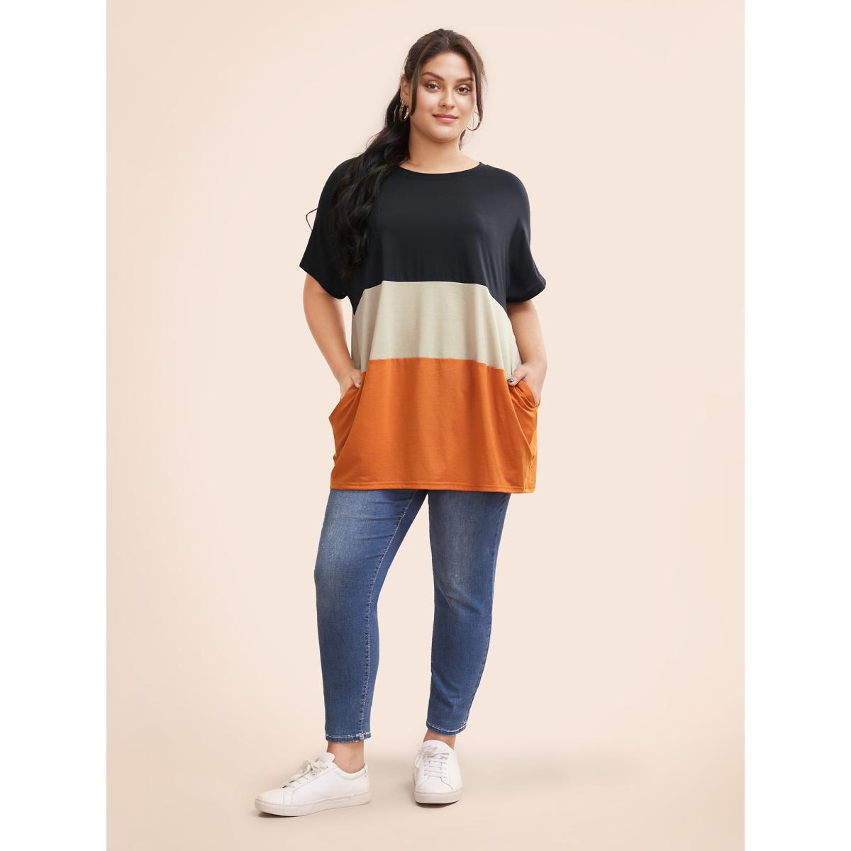 Plus Size Halloween Colorblock Contrast Pocket Crew Neck T-shirt Multicolor Women Casual Contrast Plain Round Neck Festival-Halloween T-shirts BloomChic 22-24/3X Product Image