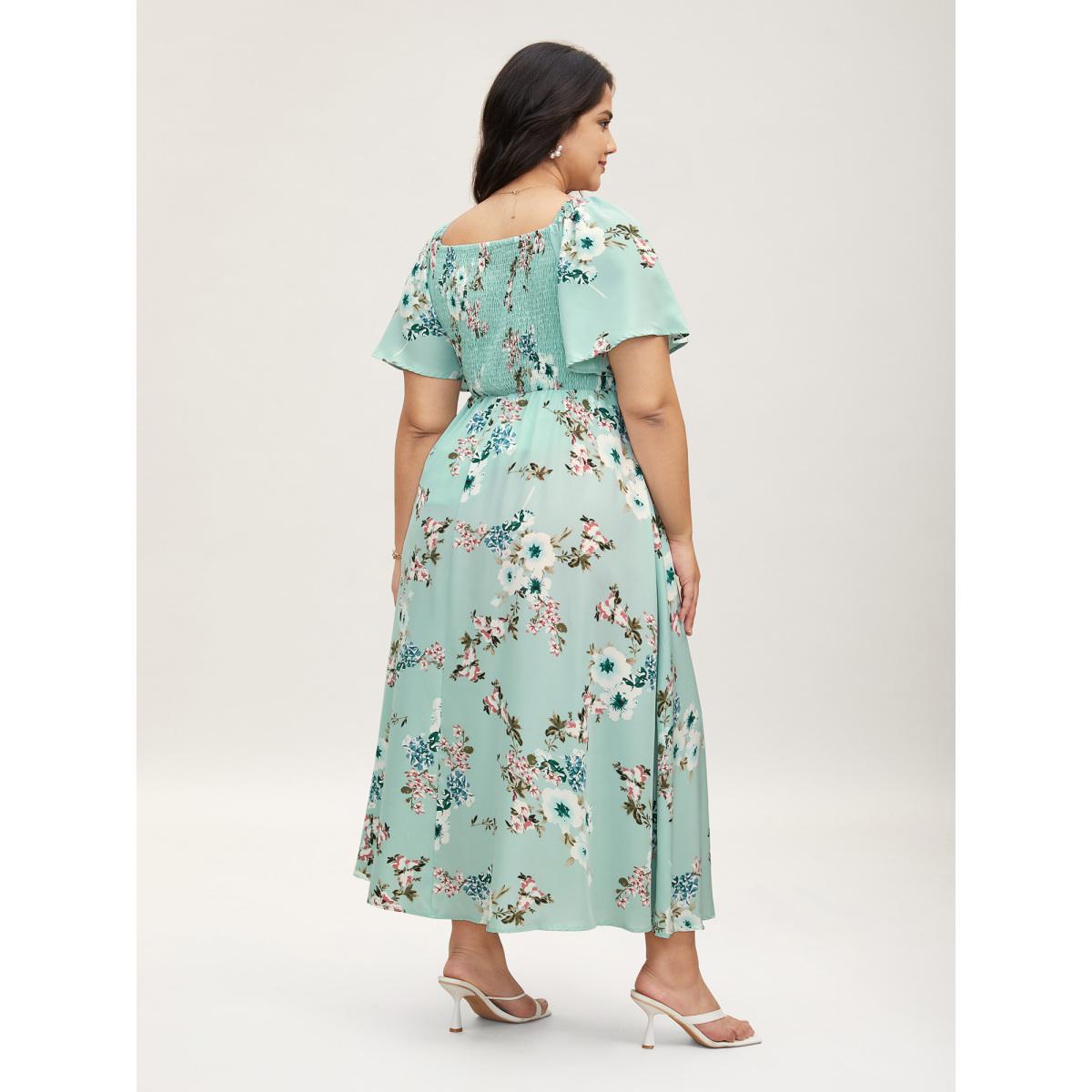 Plus Size Floral Square Neck Ruffles Pocket Shirred Split Dress Turquoise Women Romantic Non Square Neck Short sleeve Curvy BloomChic 14-16/1X Product Image