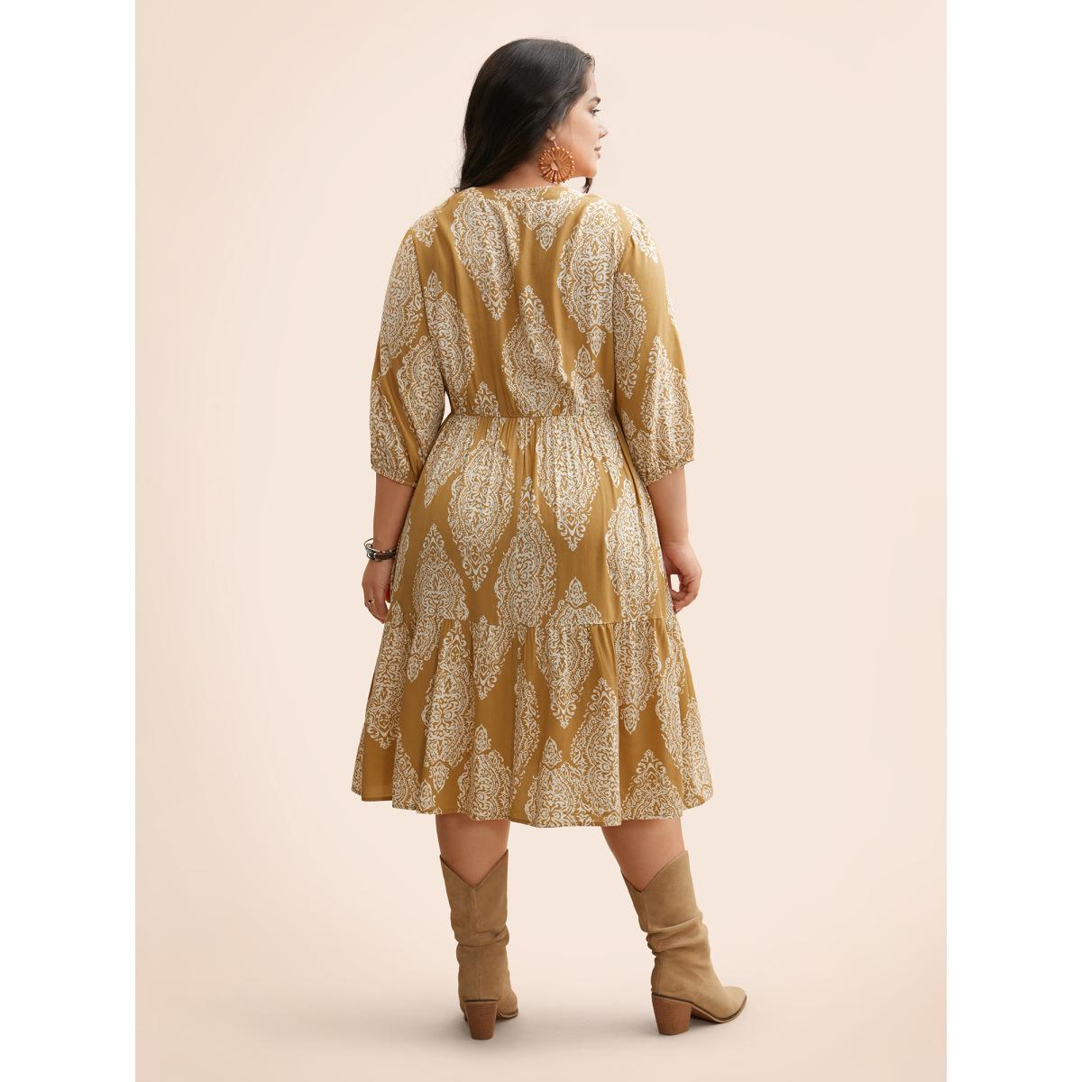 Plus Size Damask Print Tie Knot Puff Sleeve Dress Bronze Women Resort Tie knot V-neck Elbow-length sleeve Curvy BloomChic 12/L Product Image