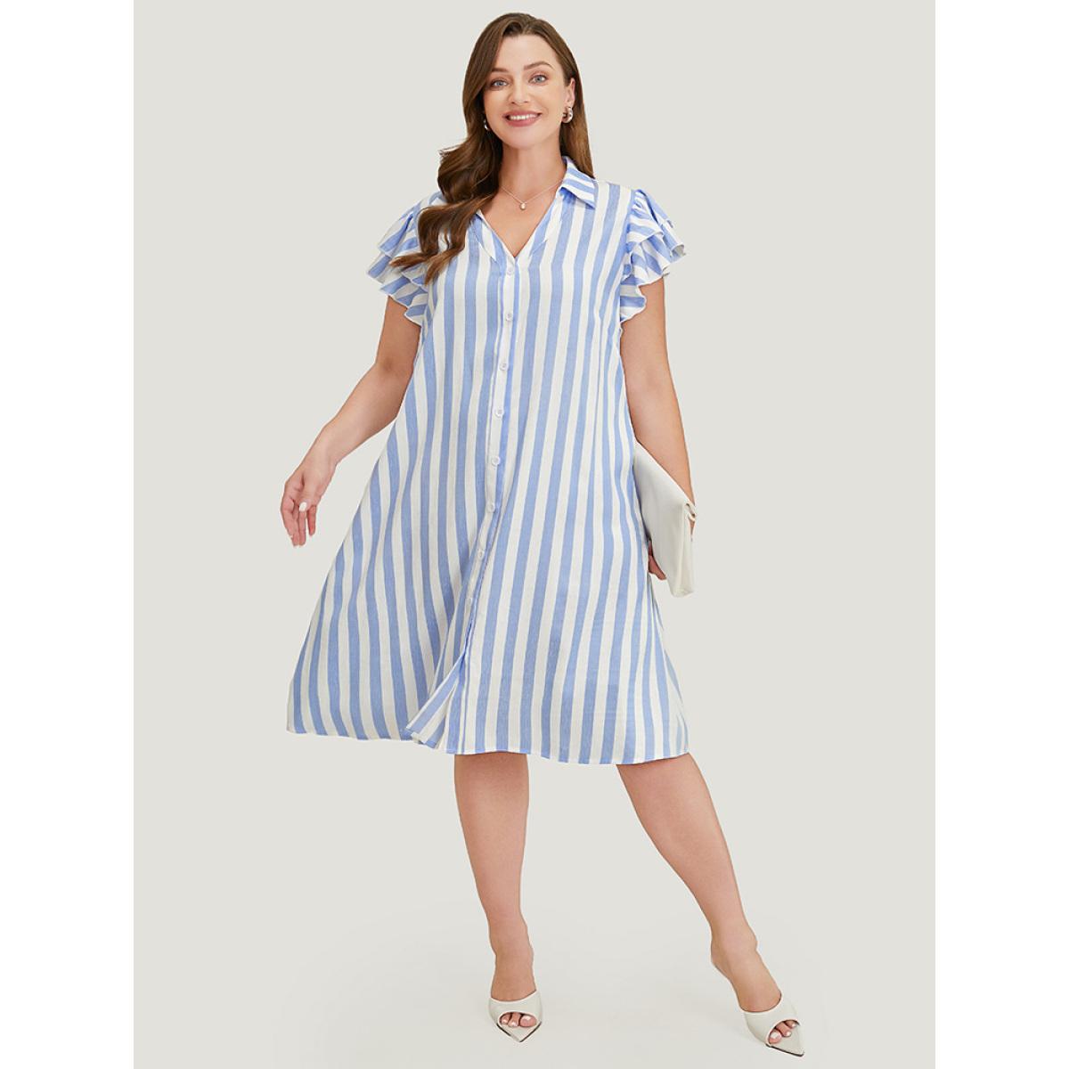 Plus Size Striped Print Ruffles Layered Cap Sleeve Button Up Dress LightBlue Women Office Contrast Lapel Collar Cap Sleeve Curvy Knee Dress BloomChic 12/L Product Image