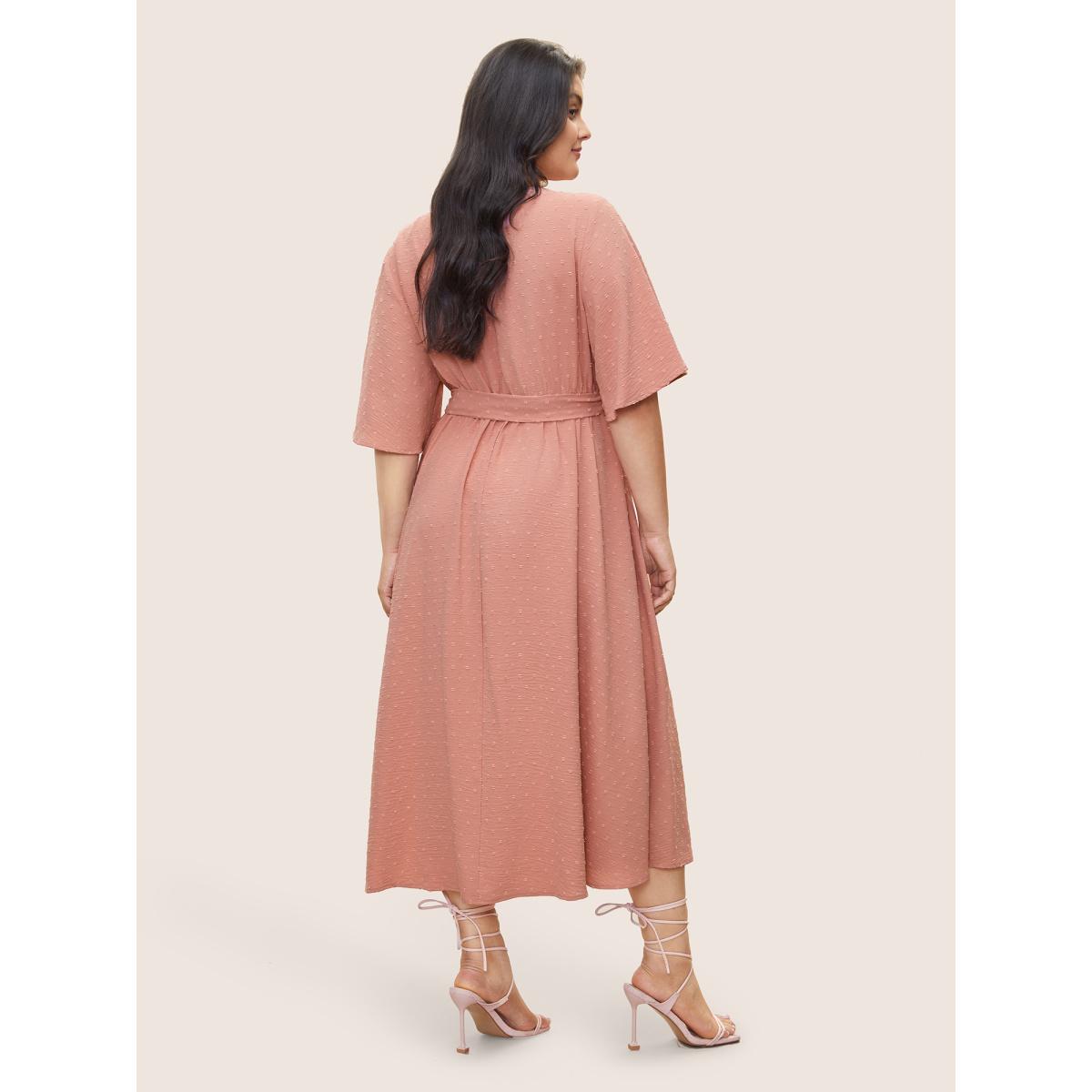 Plus Size Solid Texture Belted Ruffle Sleeve Dress Rouge Women Elegant Non V-neck Half Sleeve Curvy Midi Dress BloomChic 26/4X Product Image