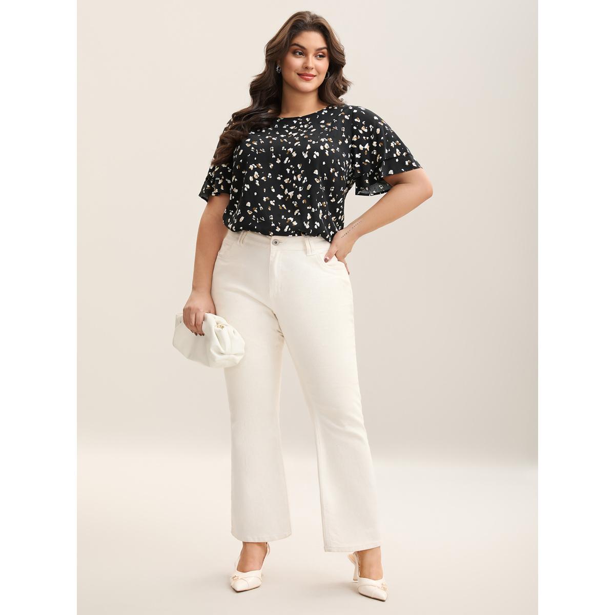 Plus Size Black Leopard Dot Print Layered Sleeve Blouse Women Short sleeve Round Neck Work Blouses BloomChic 30/6X Product Image