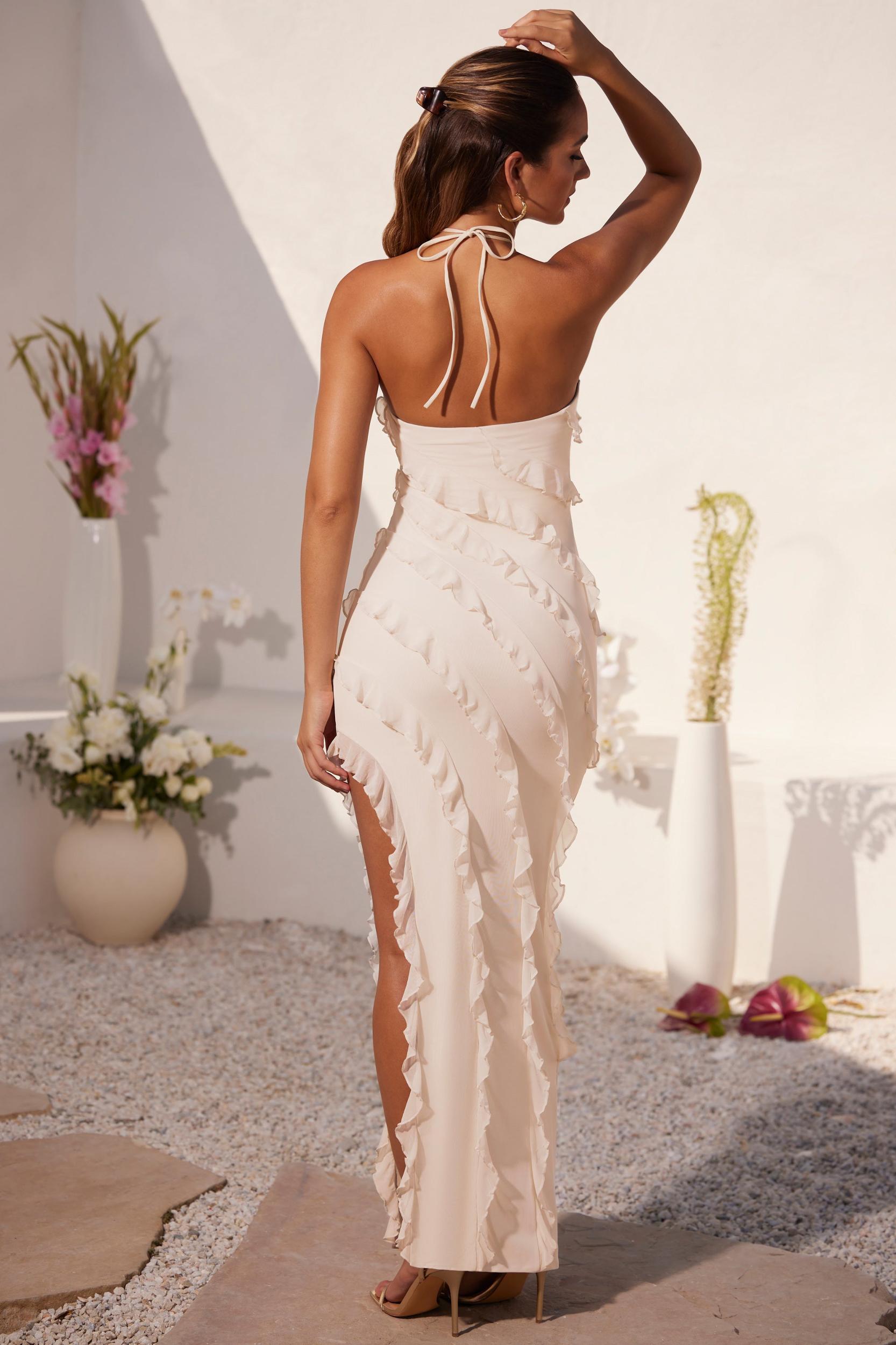 Cross Strap Ruffle Floor Length Dress in Ivory Product Image
