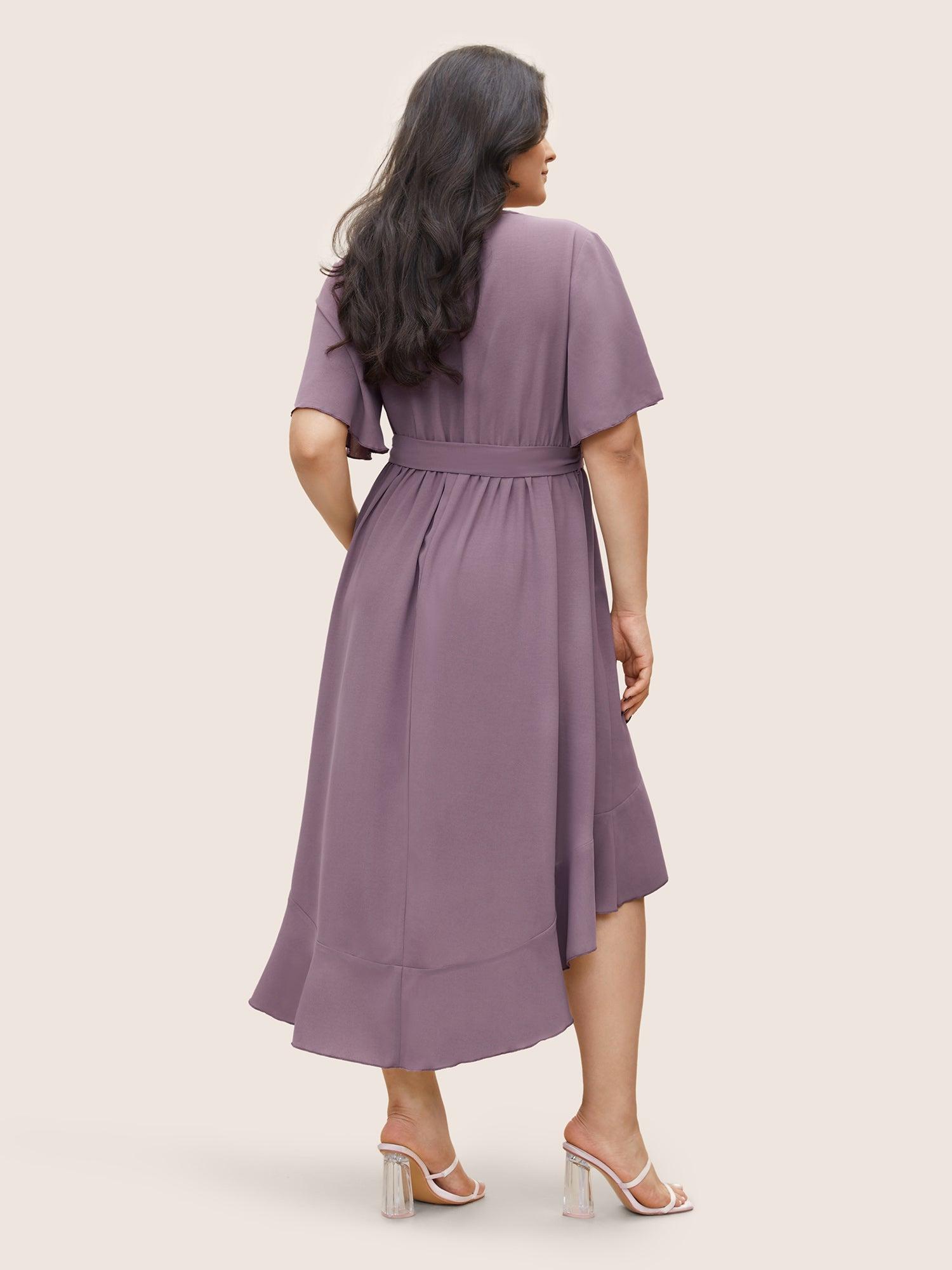 Bloom Dress - Solid Tie Surplice Ruffle High Low Dress Female Product Image