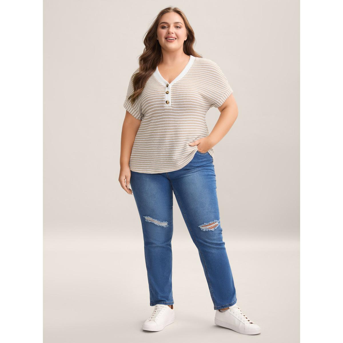 Plus Size Striped Half Placket Waffle T-Shirt Apricot Women Casual Texture V-neck Everyday T-shirts BloomChic 30/6X Product Image