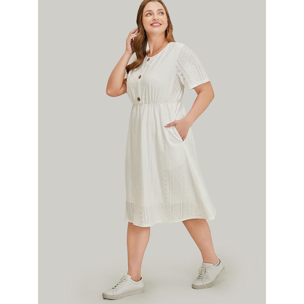 Plus Size Solid Button Detail Pocket Broderie Anglaise Dress White Women Vacation Button Round Neck Short sleeve Curvy Midi Dress BloomChic 22-24/3X Product Image
