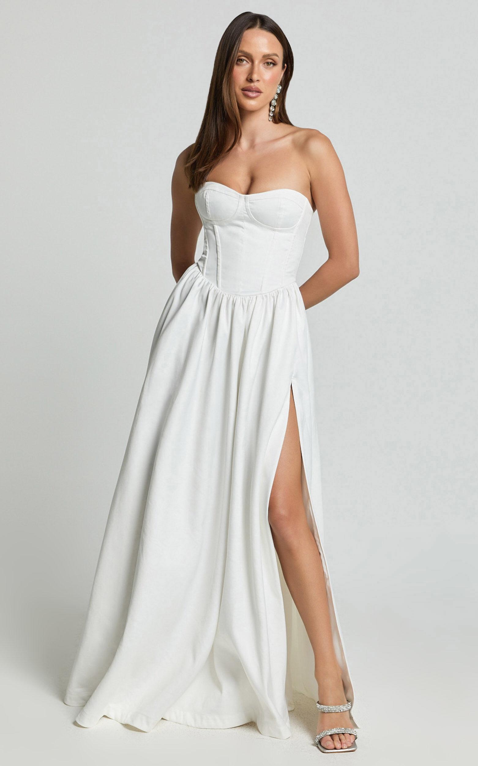Vivian Maxi Dress - Strapless Corset Front Split Dress in Ivory Product Image