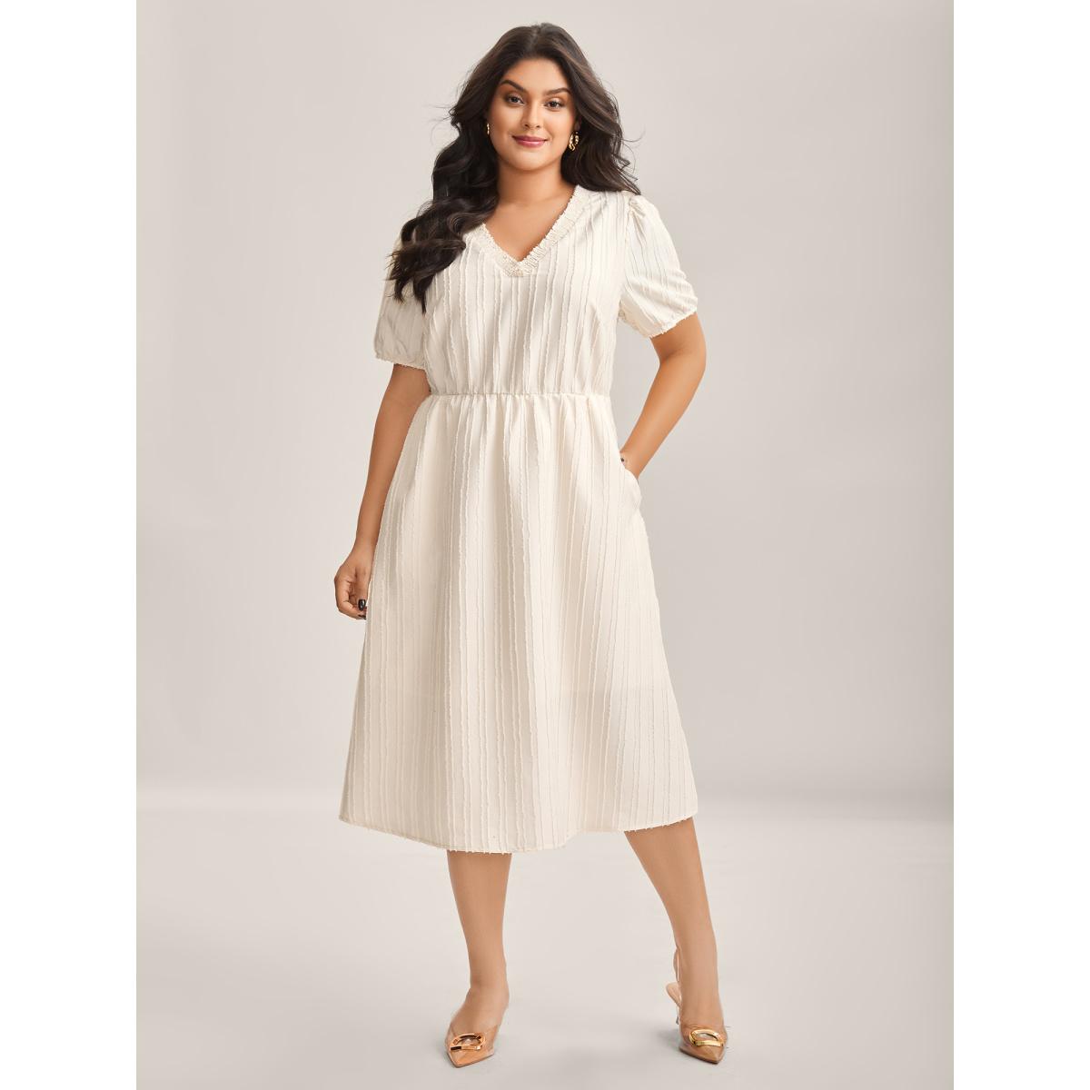 Plus Size Textured V-Neck Pockets Solid Midi Dress Ivory Women V-neck Short sleeve Curvy BloomChic 22-24/3X Product Image