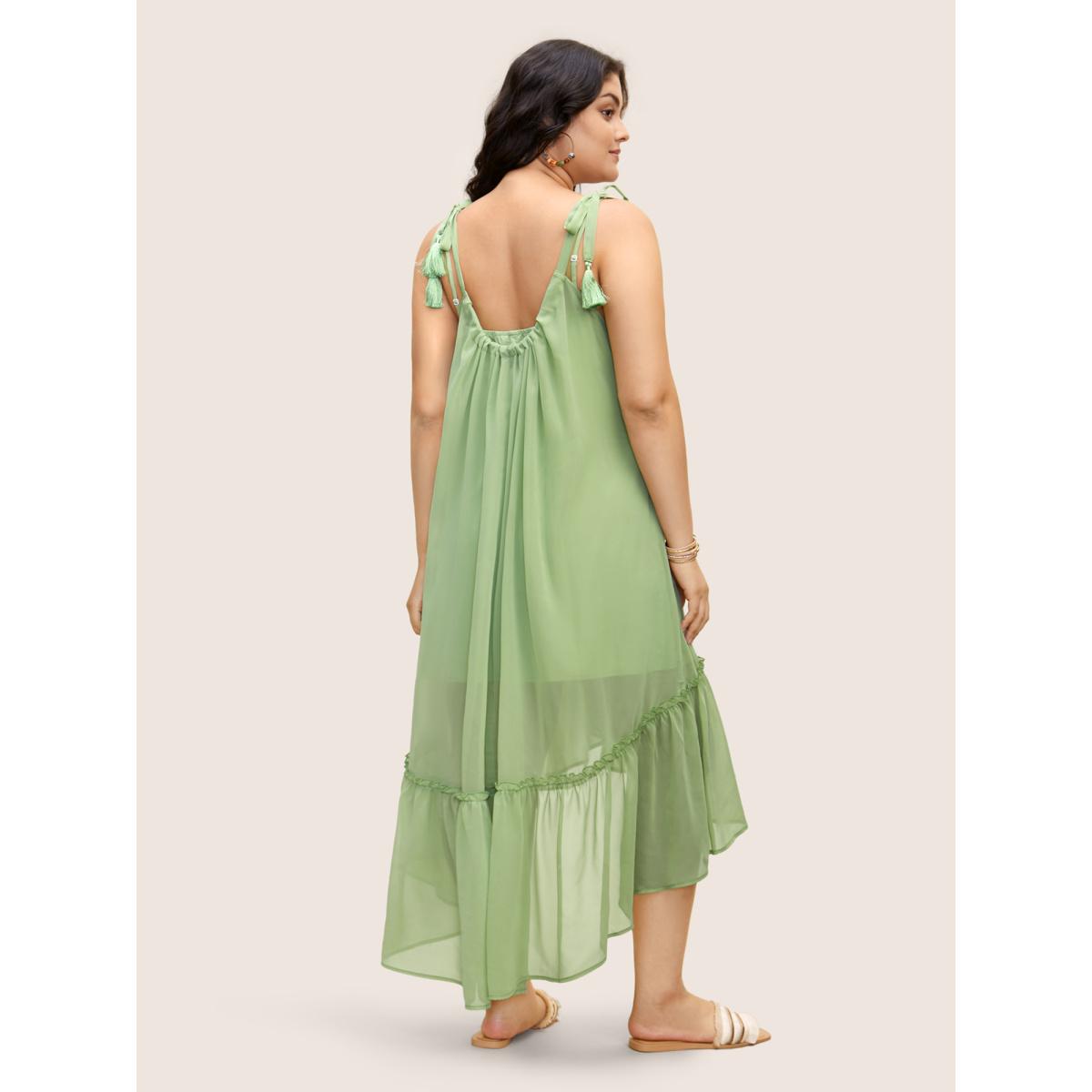 Plus Size Solid Ruffles Tie Knot Tassel Trim Mesh Dress Palemauve Women Resort Tie knot Non Sleeveless Curvy BloomChic 10/M Product Image