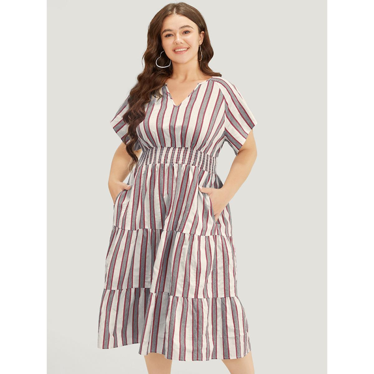Plus Size Striped Contrast Pocket Shirred Flutter Tiered Dress Burgundy Women Resort Non V-neck Short sleeve Curvy Midi Dress BloomChic 30/6X Product Image