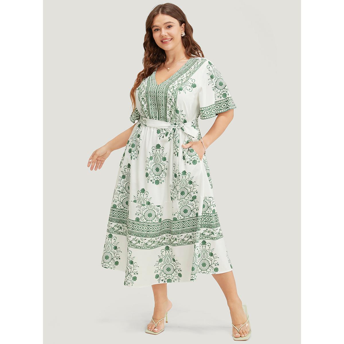 Plus Size Bandana Print Ruffle Sleeve Pocket Belted Midi Dress Green Women Vacation Lined V-neck Short sleeve Curvy Midi Dress BloomChic 22-24/3X Product Image