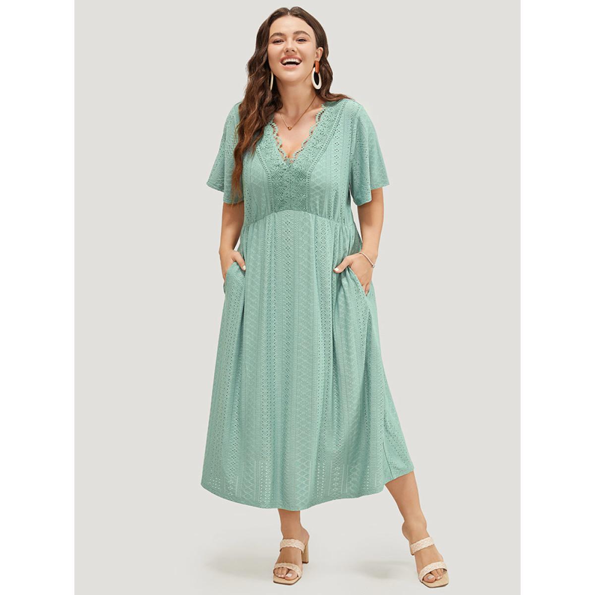 Plus Size Solid Ruffle Sleeve Pocket Contrast Lace Broderie Anglaise Dress Mint Women Elegant Lined V-neck Short sleeve Curvy Midi Dress BloomChic 26/4X Product Image