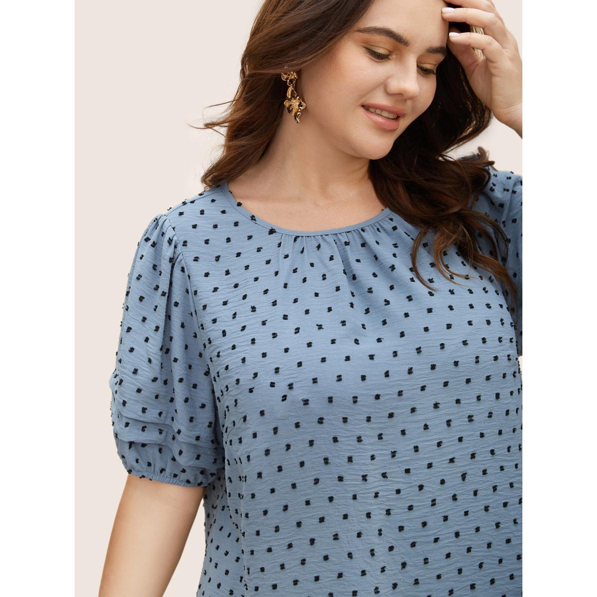 Plus Size Stone Textured Polka Dot Blouse Women Elegant Short sleeve Round Neck Everyday Blouses BloomChic 18-20/2X Product Image