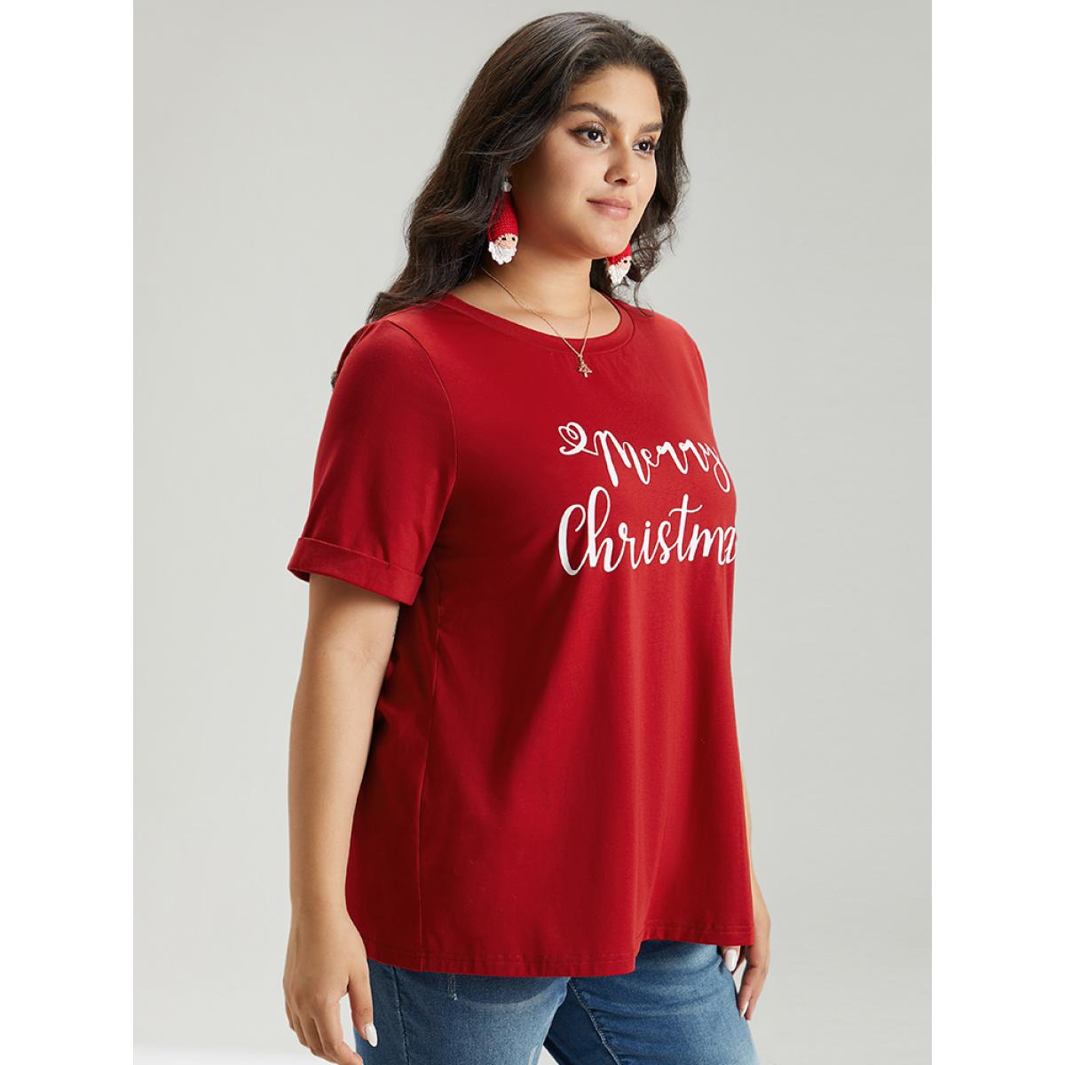 Plus Size Christmas Print Round Neck T-shirt Red Women Casual Printed Christmas Festival-Christmas T-shirts BloomChic 12/L Product Image