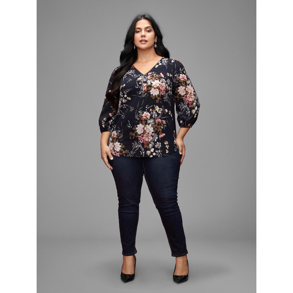 Plus Size Indigo Half Zipper Front Floral Blouse Women Elegant Elbow-length sleeve V-neck Everyday Blouses BloomChic 28/5X Product Image