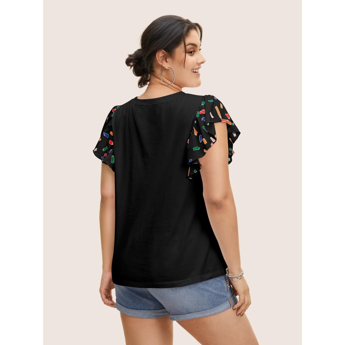 Plus Size Colored Brush Print Ruffle Cap Sleeve T-shirt Black Women Casual Contrast Round Neck Everyday T-shirts BloomChic 28/5X Product Image