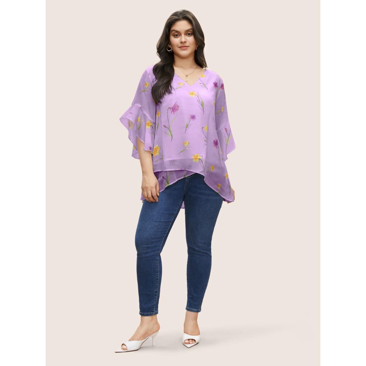 Plus Size Heather Floral Tiered Mesh Asymmetrical Hem Blouse Women Elegant Everyday Blouses BloomChic 10/M Product Image