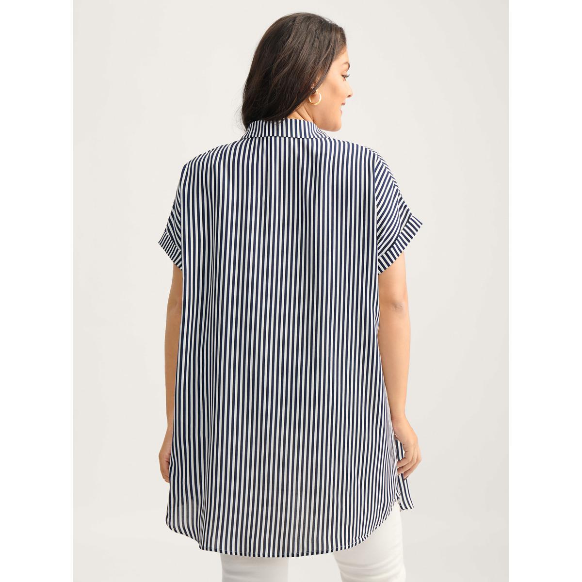 Plus Size Indigo Striped Button-Front Tunic Blouse Women Short sleeve Shirt collar Everyday-Casual Blouses BloomChic 12/L Product Image