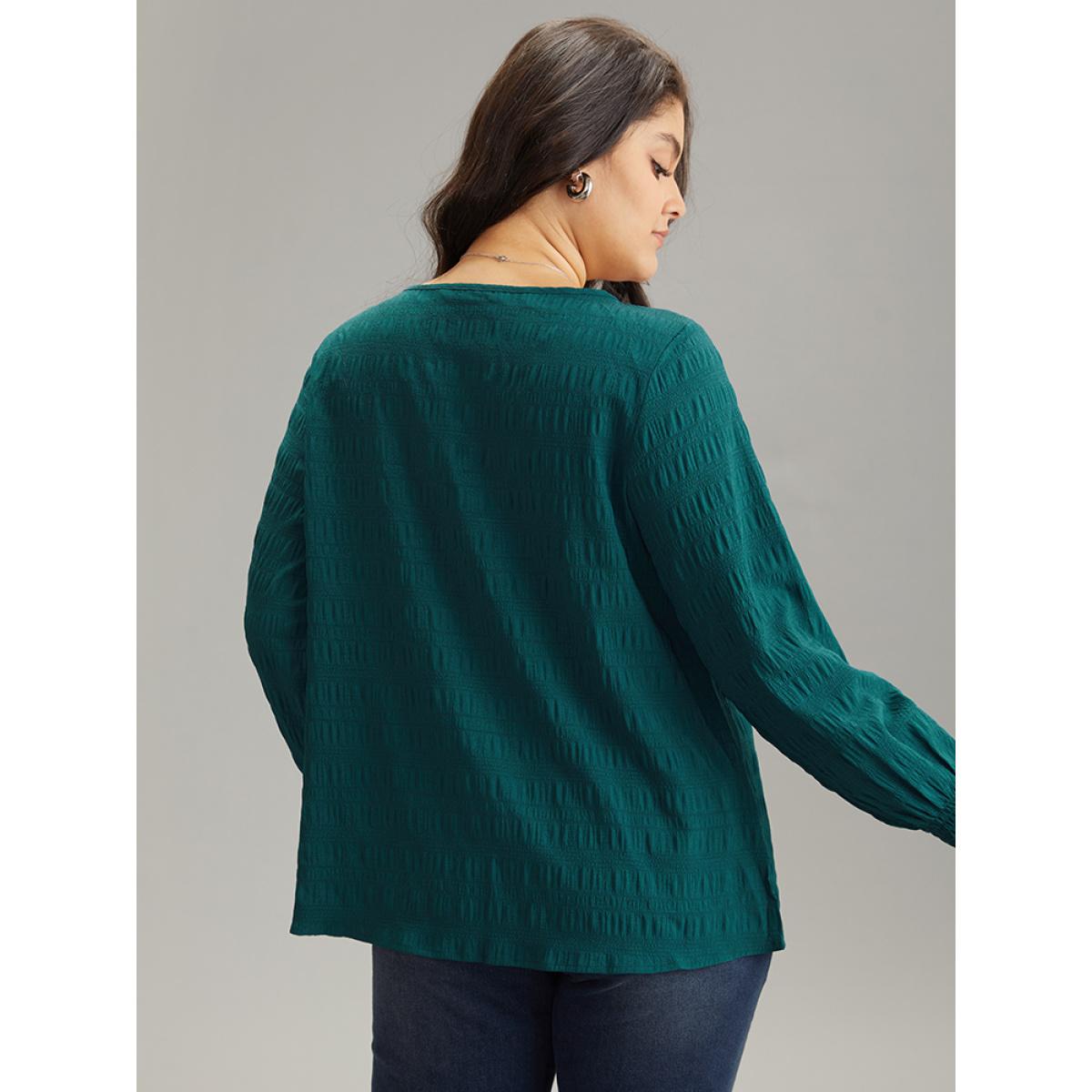 Plus Size Cyan Plain Textured Shirred Gathered Blouse Women Elegant Long Sleeve Round Neck Dailywear Blouses BloomChic 18-20/2X Product Image