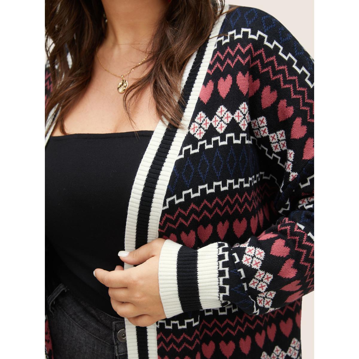 Plus Size Heart Geometric Jacquard Pocket Cardigan Black Women Casual Long Sleeve Everyday Cardigans BloomChic 22-24/3X Product Image