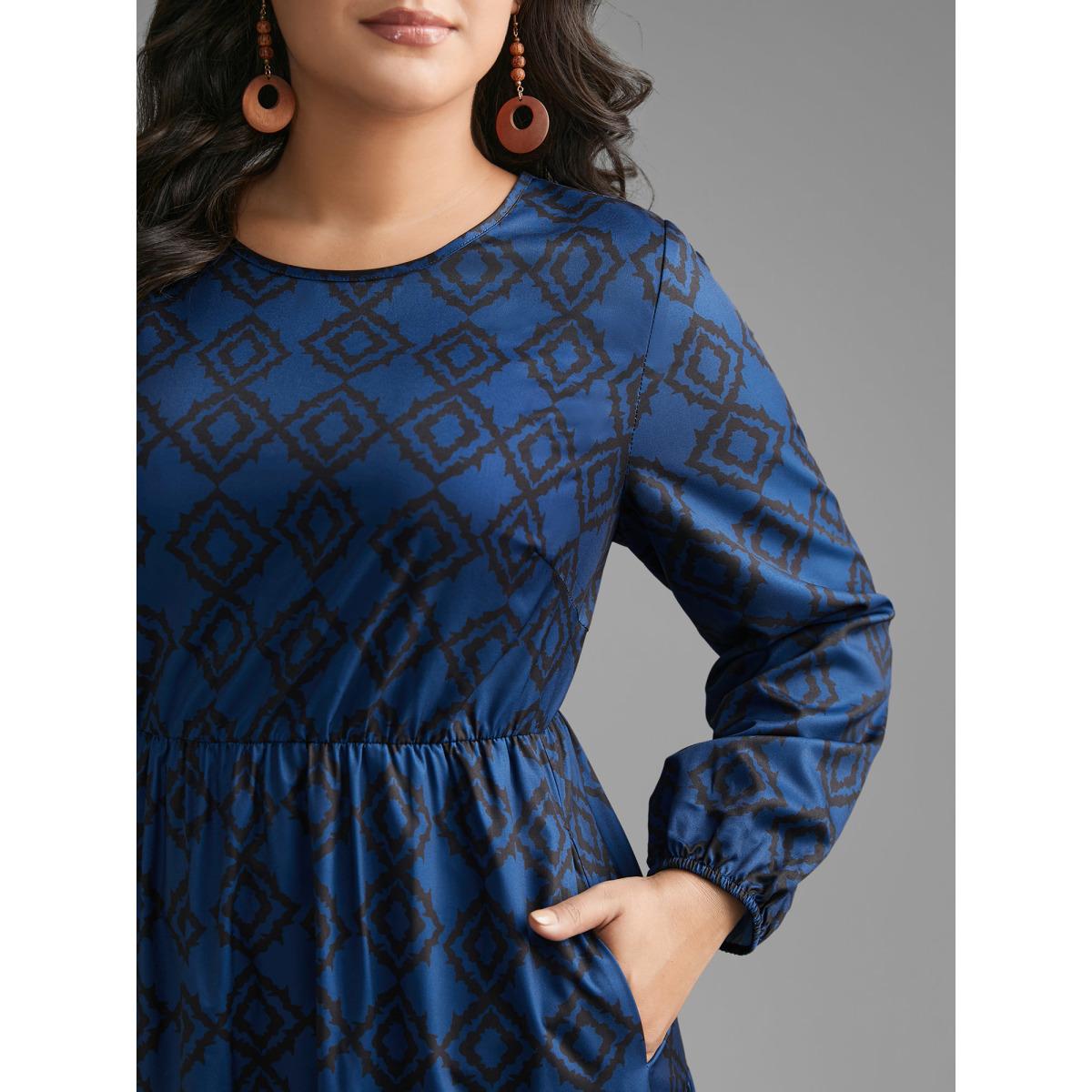 Plus Size Bandana Geometric Ruffle Layered Hem Dress Indigo Women Resort Non Round Neck Long Sleeve Curvy BloomChic 10/M Product Image