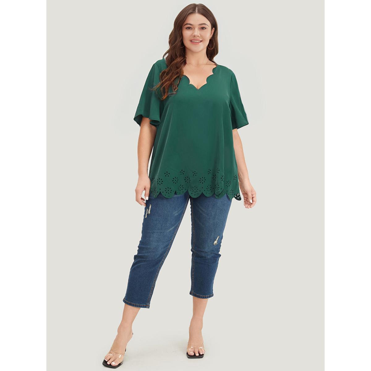 Plus Size DarkGreen Solid Scalloped Trim Laser Cut Ruffle Sleeve Blouse Women Elegant Short sleeve V-neck Dailywear Blouses BloomChic 26/4X Product Image