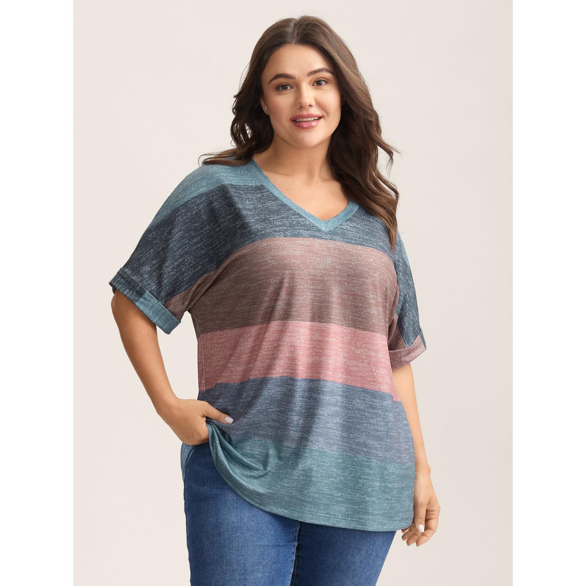 Plus Size Multi-Color Summer Stripes T-Shirt Stone Women Leisure Contrast V-neck Casual T-shirts BloomChic 26/4X Product Image