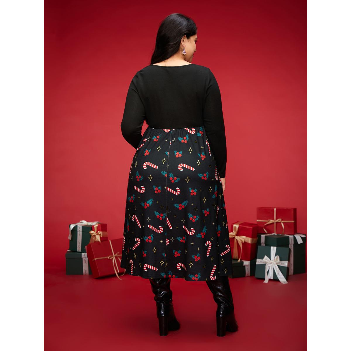 Plus Size Festive Knit Printed Skirt Midi Dress Black Women Elegant Patchwork Party Curvy Bloomchic 14-16/1X Product Image