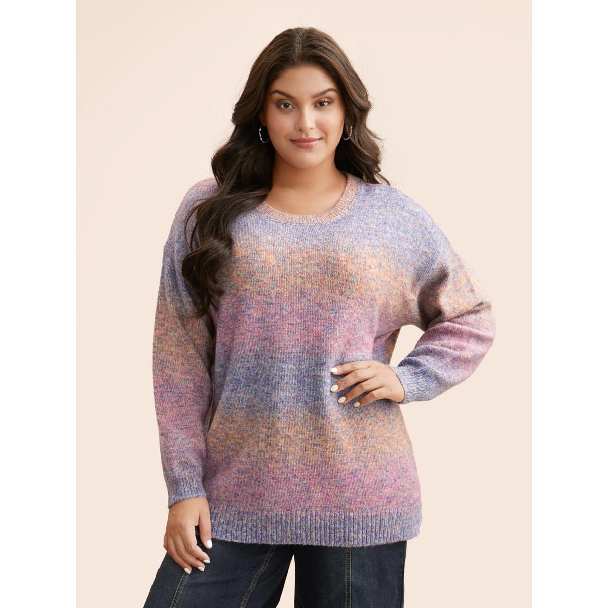 Plus Size Gradient Dyeing Round Neck Slit Hem Pullover Multicolor Women Casual Loose Long Sleeve Round Neck Everyday Pullovers BloomChic 22-24/3X Product Image
