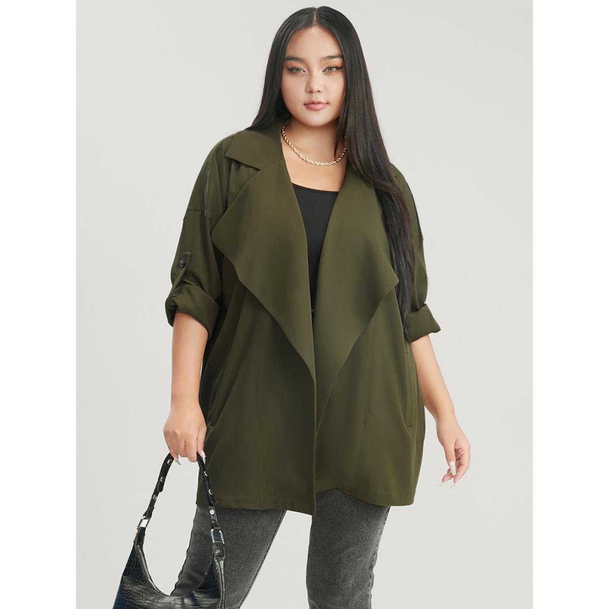 Plus Size Solid Pocket Roll Sleeve Waterfall Collar Coat Women ArmyGreen Casual Pocket Ladies Dailywear Winter Coats BloomChic 30/6X Product Image