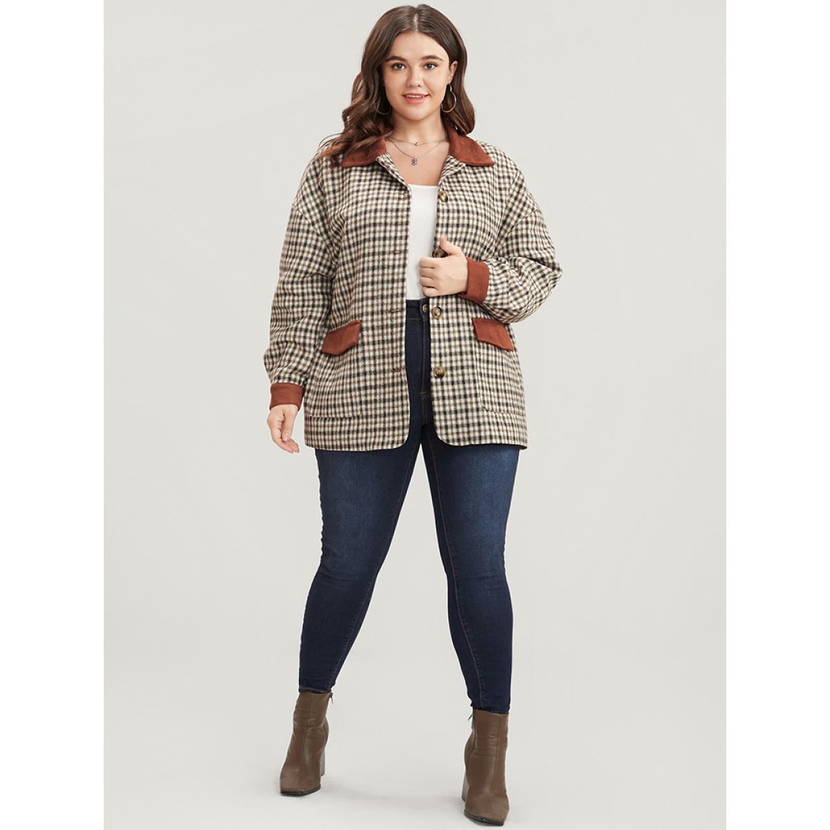 Plus Size Gingham Contrast Button Up Flap Pocket Coat Women Chocolate Casual Patchwork Ladies Dailywear Winter Coats BloomChic 14-16/1X Product Image