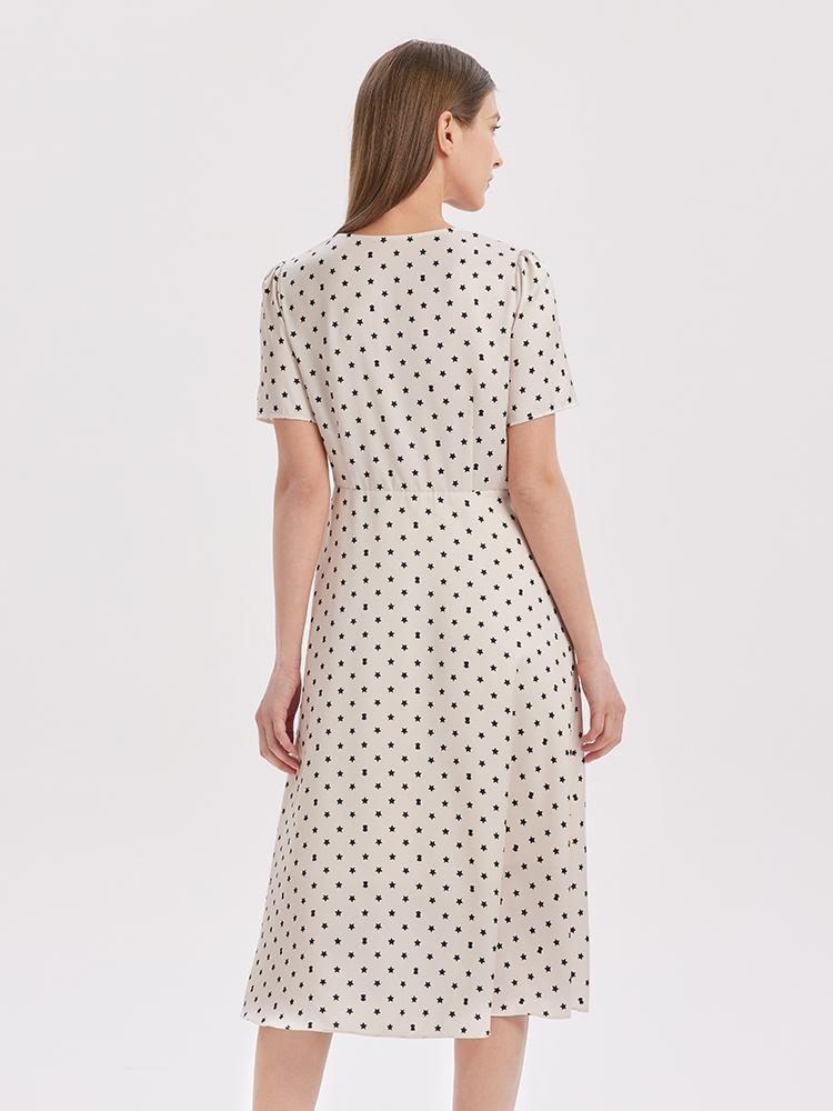 Beige Combo Print V-Neck Twisted Polka Dot Midi Dress Product Image