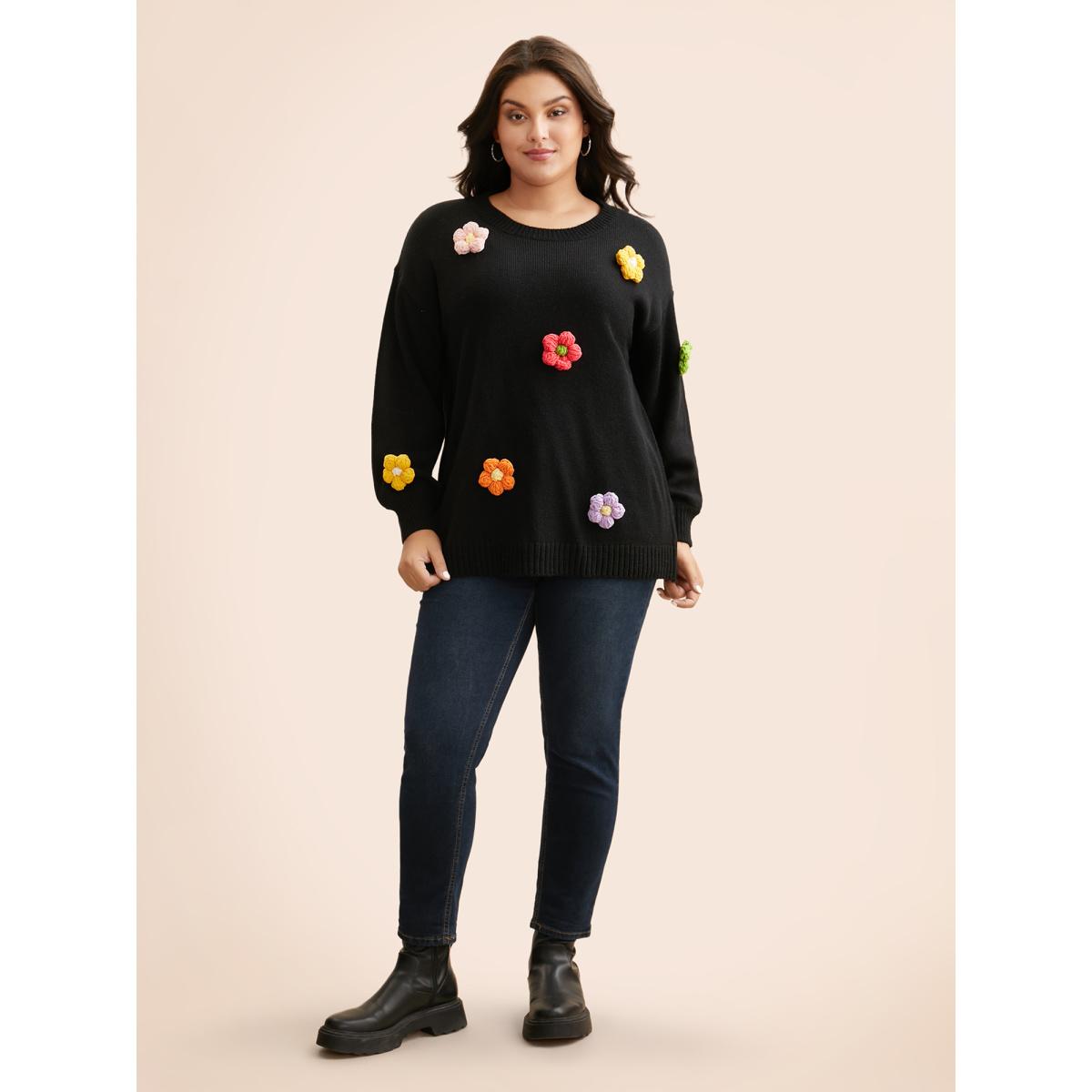 Plus Size Crochet Floral Drop Shoulder Sleeve Pullover Black Women Casual Long Sleeve Round Neck Everyday Pullovers BloomChic 18-20/2X Product Image