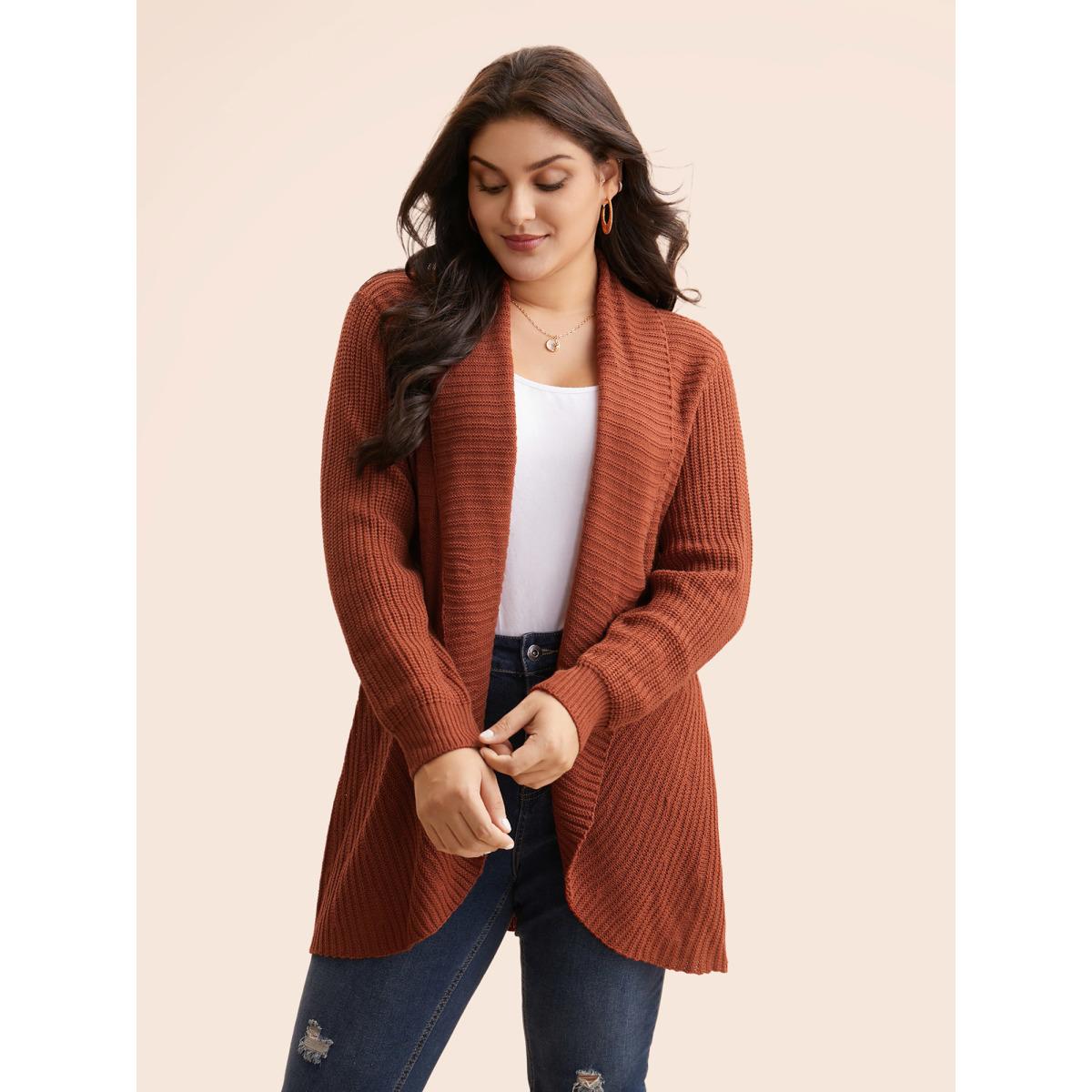 Plus Size Kimono Collar Texture Cable Knit Cardigan Russet Women Casual Loose Long Sleeve Everyday Cardigans BloomChic 28/5X Product Image