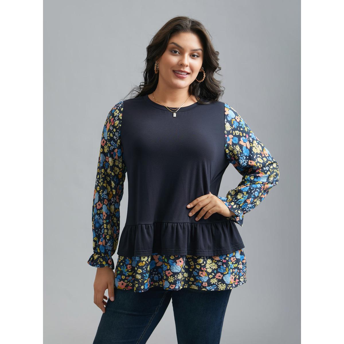 Plus Size Floral Spliced Tiered Hem T-Shirt Indigo Women Elegant Contrast Natural Flowers Round Neck Everyday T-shirts BloomChic 22-24/3X Product Image
