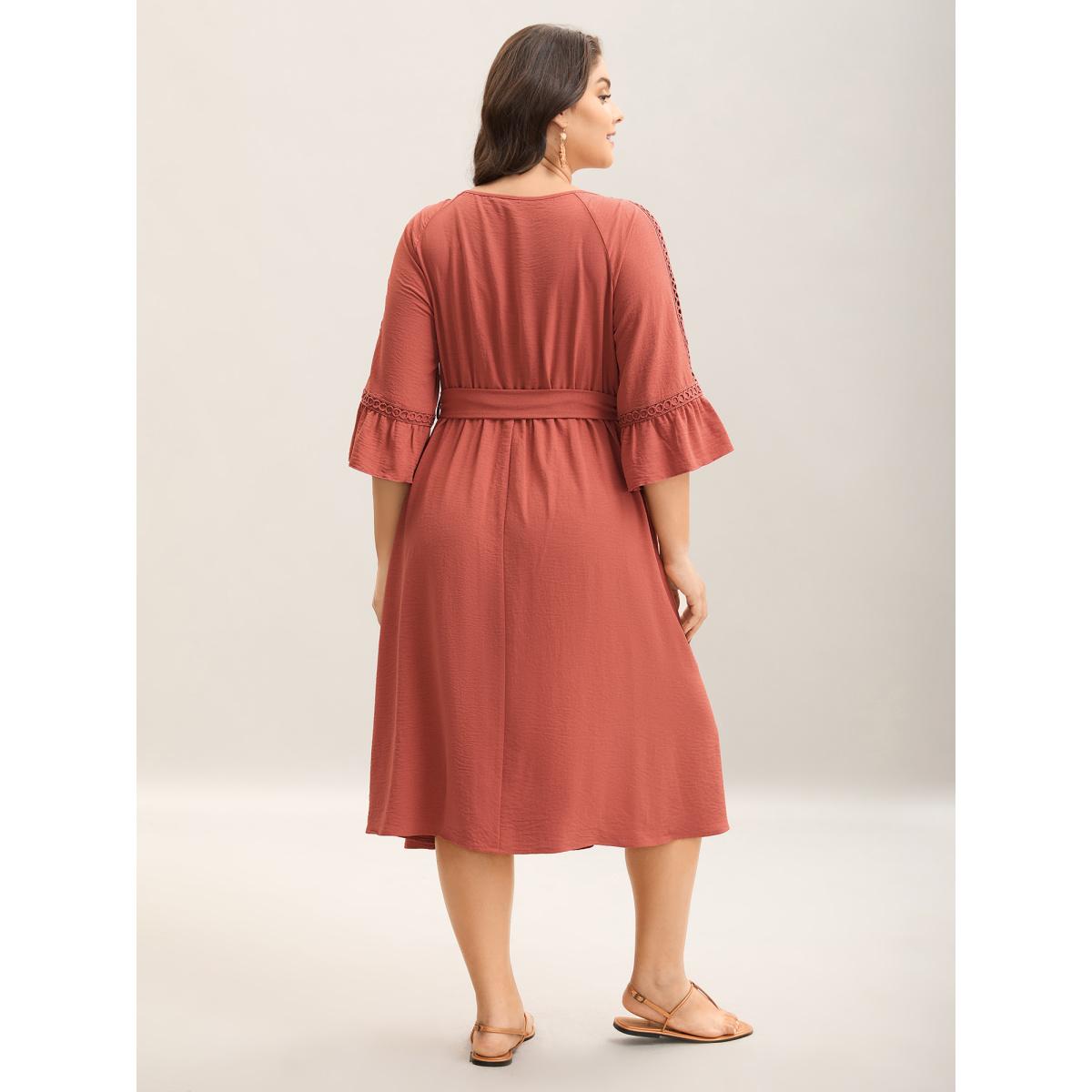 Plus Size Lace Waist-Tie Pockets Midi Dress Salmon Women Belted Round Neck Elbow-length sleeve Curvy BloomChic 22-24/3X Product Image