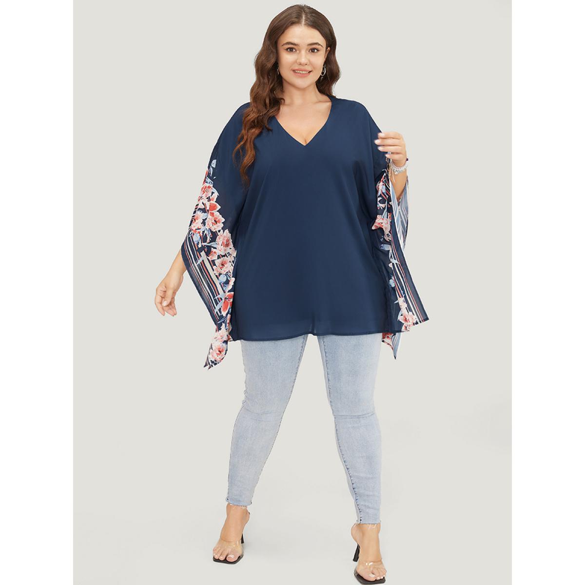 Plus Size Indigo Floral Print Asymmetrical Dolman Sleeve Blouse Women Elegant Short sleeve V-neck Dailywear Blouses BloomChic 28/5X Product Image