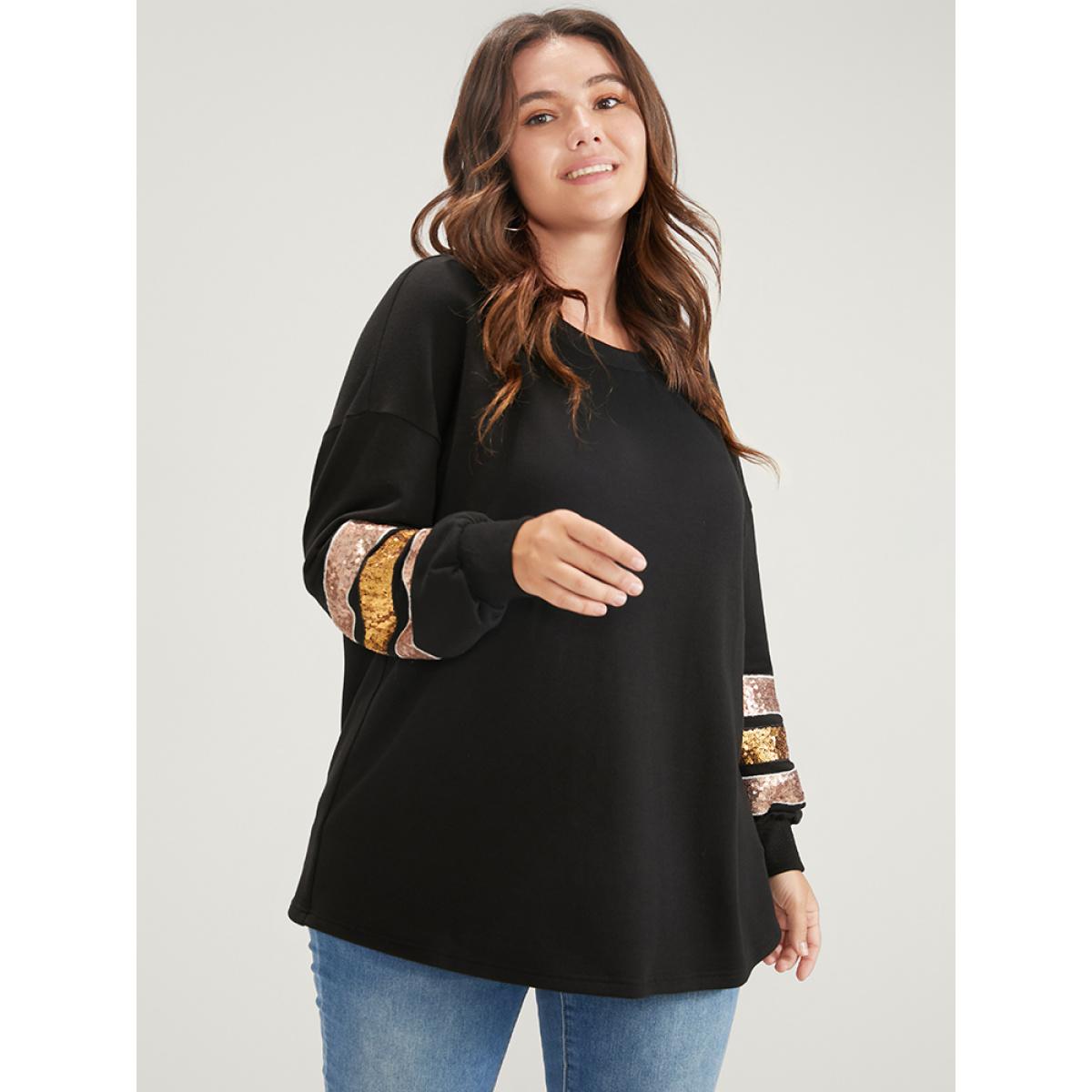 Plus Size Solid Contrast Patchwork Drop Shoulder Sweatshirt Women Black Casual Patchwork Round Neck Dailywear Sweatshirts BloomChic 10/M Product Image