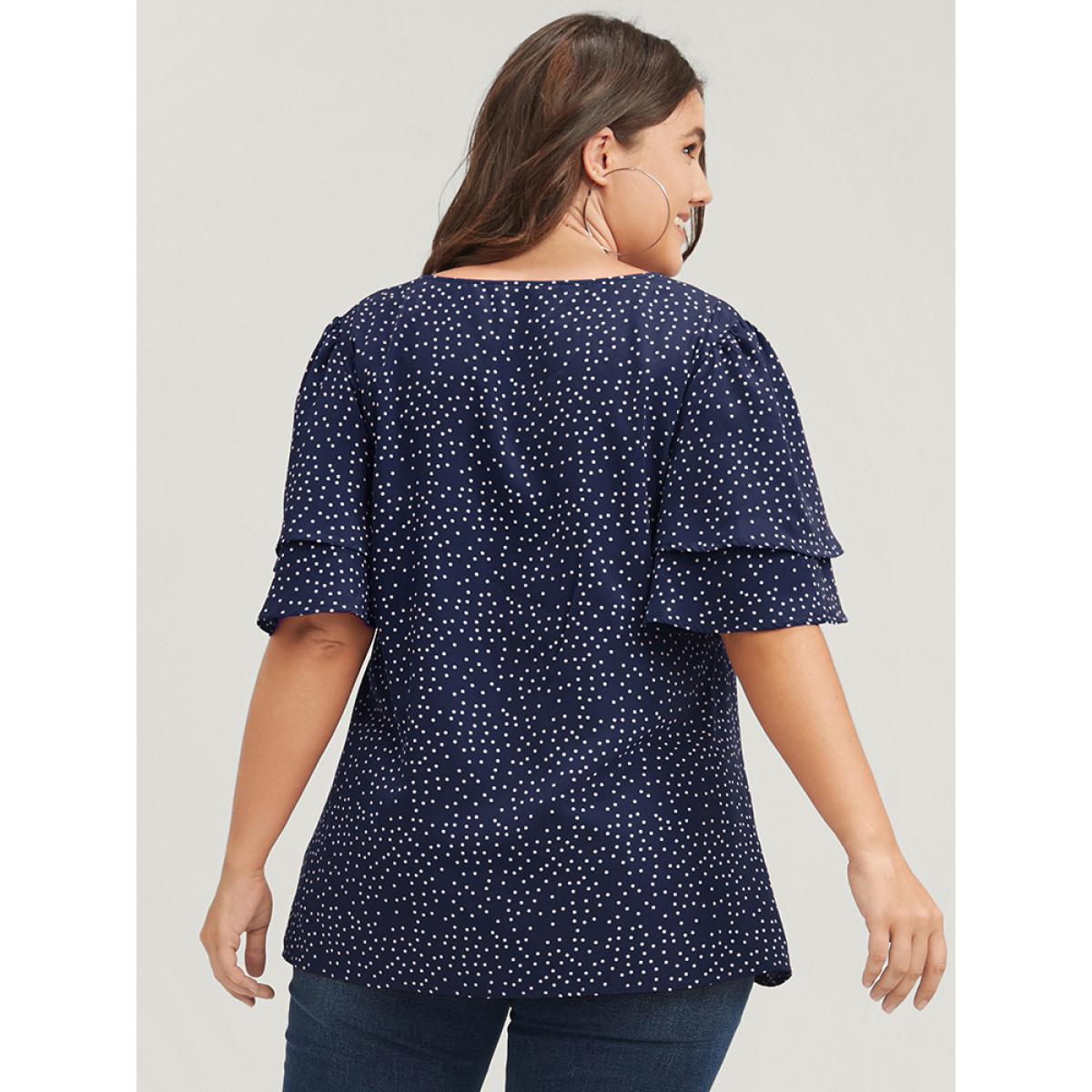 Plus Size Navy Polka Dot Ruffle Sleeve Button Front Blouse Women Elegant Short sleeve V-neck Dailywear Blouses BloomChic 28/5X Product Image